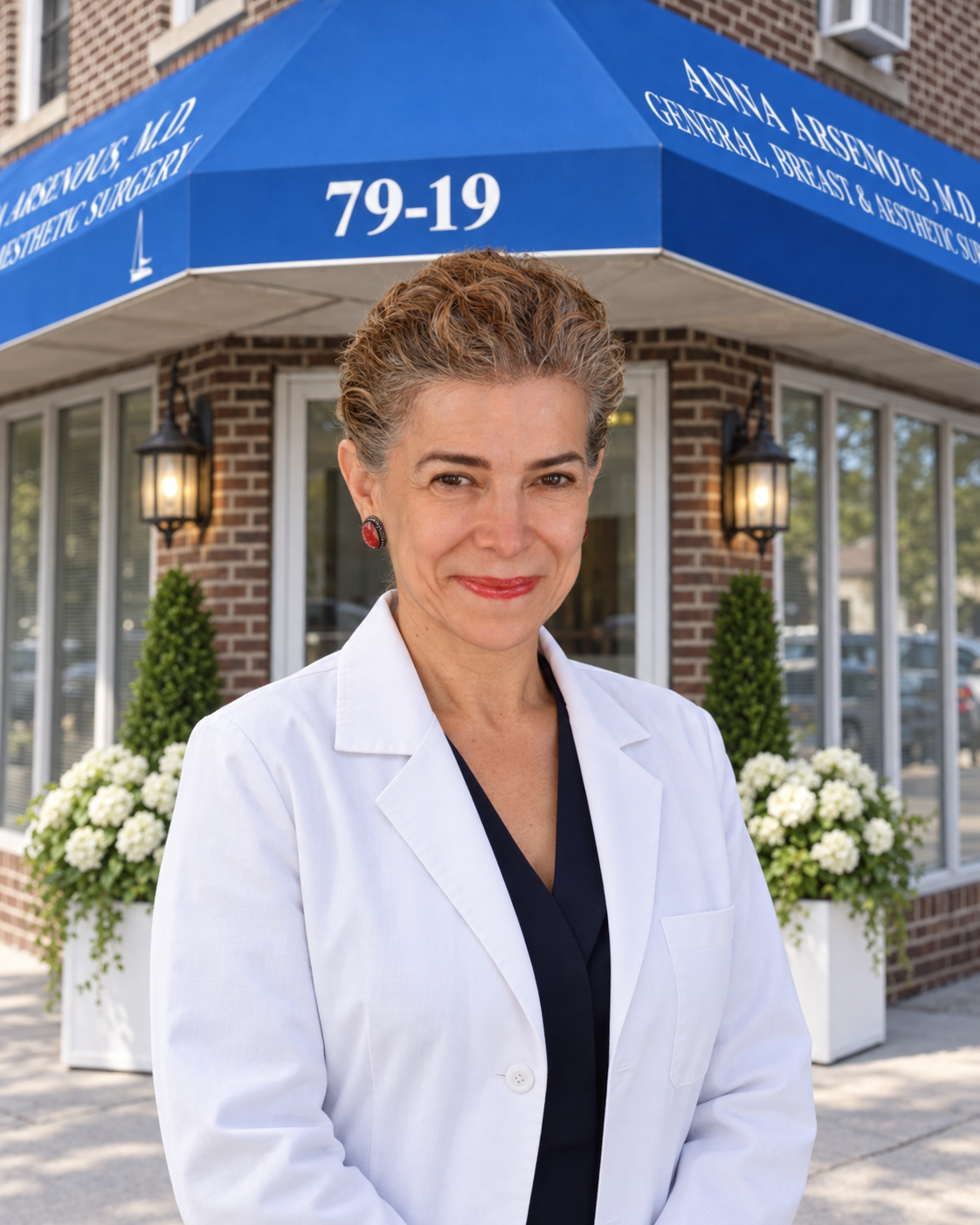 Dr. Anna Arsenous, M.D. outside her Glendale, NY office at 79-19 Myrtle Ave